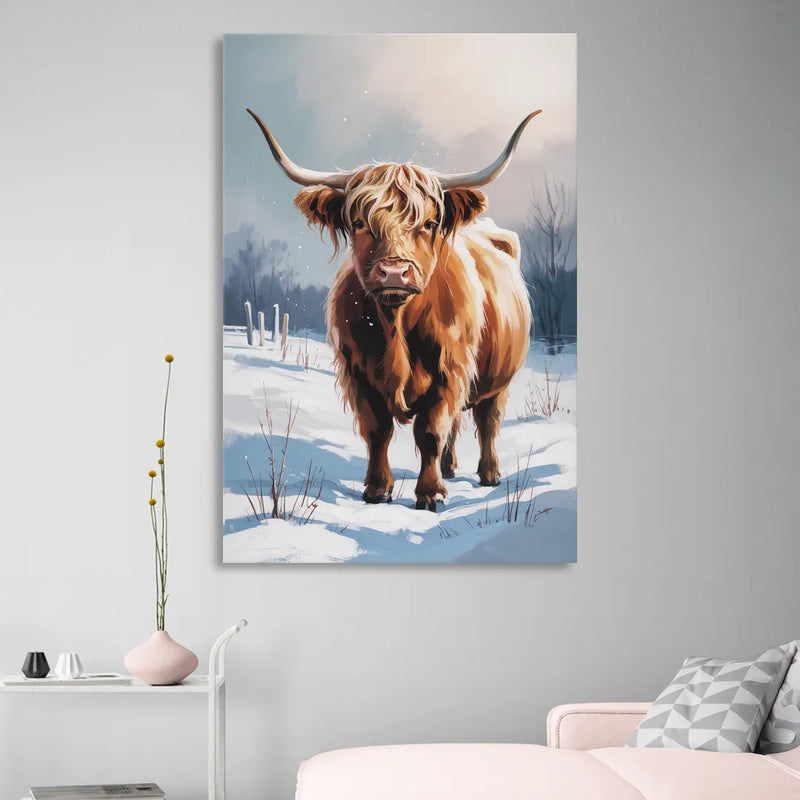 Iconic Highland Cow in Snow Living Room - Canvas Wall Art