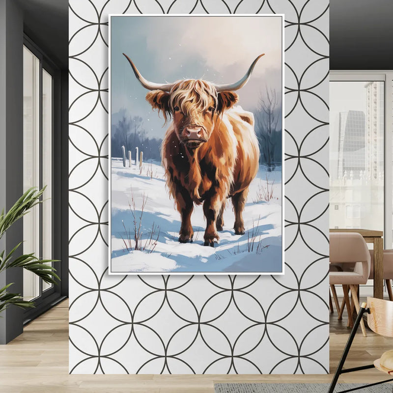Iconic Highland Cow in Snow Living Room - White Canvas Wall Art