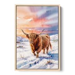 Iconic Highland Cow in Snow - Oak Framed Canvas Wall Art - Front