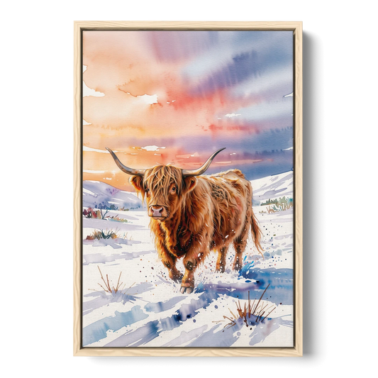 Iconic Highland Cow in Snow - Oak Framed Canvas Wall Art - Front