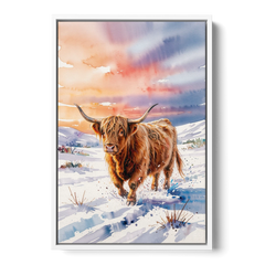 Iconic Highland Cow in Snow - White Framed Canvas Wall Art - Front