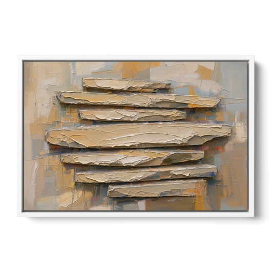 Impasto Abstract Painting of Stacked Limestone Plates - White Framed Canvas Wall Art - Front
