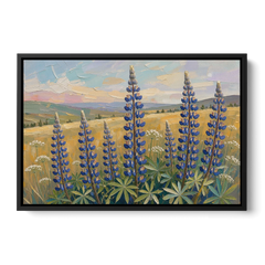 Impasto Flower Painting of Blue Lupines - Black Framed Canvas Wall Art - Front