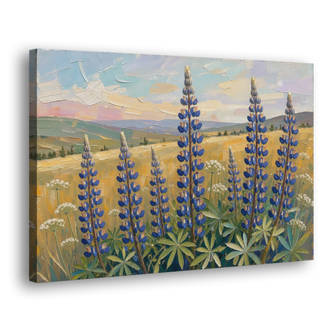 Impasto Flower Painting of Blue Lupines - Canvas Wall Art - Side