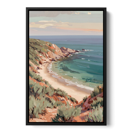 Impressionist Beach Painting of a Clifftop Cove - Black Framed Canvas Wall Art - Front
