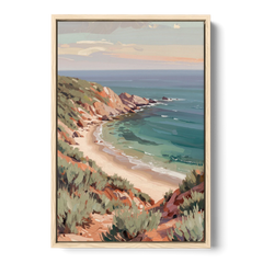 Impressionist Beach Painting of a Clifftop Cove - Oak Framed Canvas Wall Art - Front