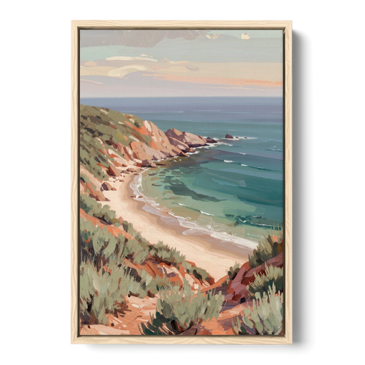 Impressionist Beach Painting of a Clifftop Cove - Oak Framed Canvas Wall Art - Front