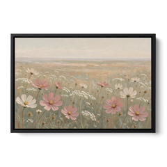 Impressionist Flower Painting of a Cosmos Meadow - Black Framed Canvas Wall Art - Front