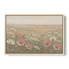 Impressionist Flower Painting of a Cosmos Meadow - Oak Framed Canvas Wall Art - Front