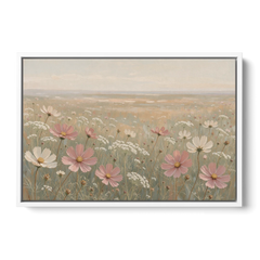 Impressionist Flower Painting of a Cosmos Meadow - White Framed Canvas Wall Art - Front