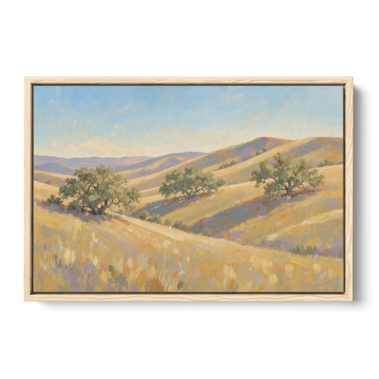 Impressionist Landscape Painting with Golden Oak Hills - Oak Framed Canvas Wall Art - Front
