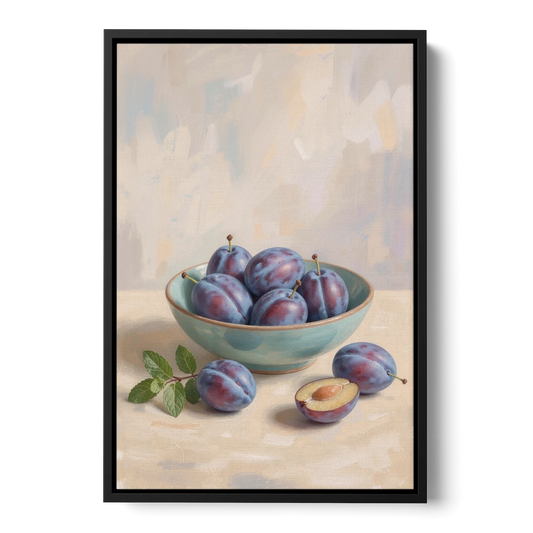 Impressionist Still Life Painting with Plums - Black Framed Canvas Wall Art - Front