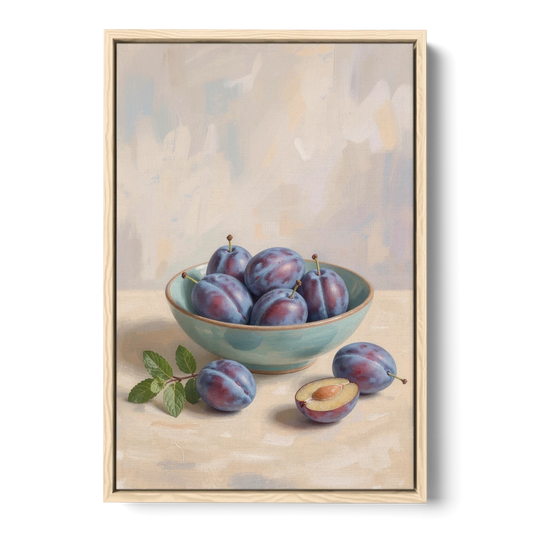 Impressionist Still Life Painting with Plums - Oak Framed Canvas Wall Art - Front