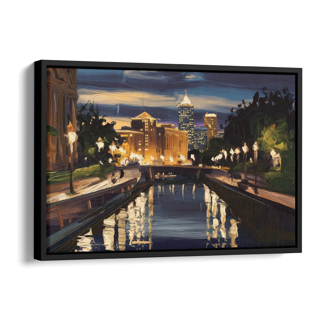 Indianapolis Canal Walk View Side - Black Canvas Wall Art
