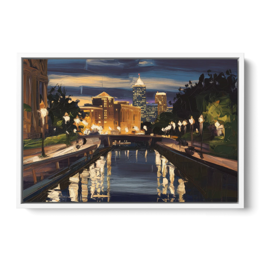 Indianapolis Canal Walk View - White Framed Canvas Wall Art - Front