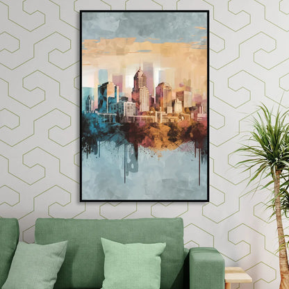 Indianapolis Cityscape in Watercolor Sitting Room - Black Canvas Wall Art