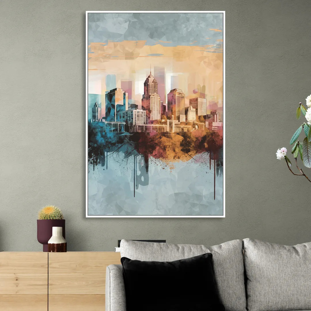 Indianapolis Cityscape in Watercolor Sitting Room - White Canvas Wall Art