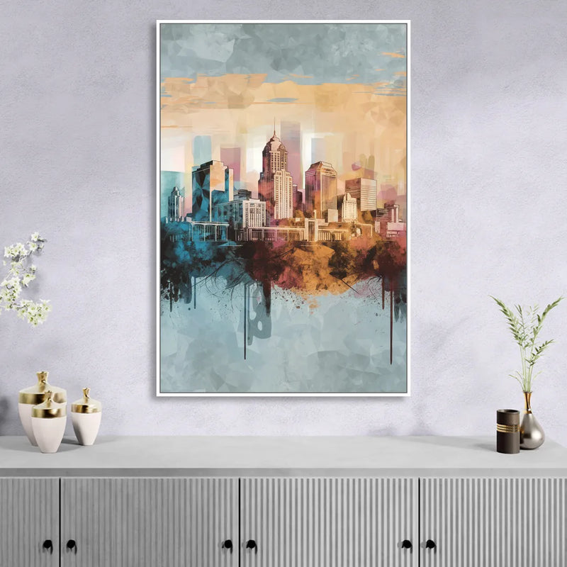 Indianapolis Cityscape in Watercolor Living Room - White Canvas Wall Art