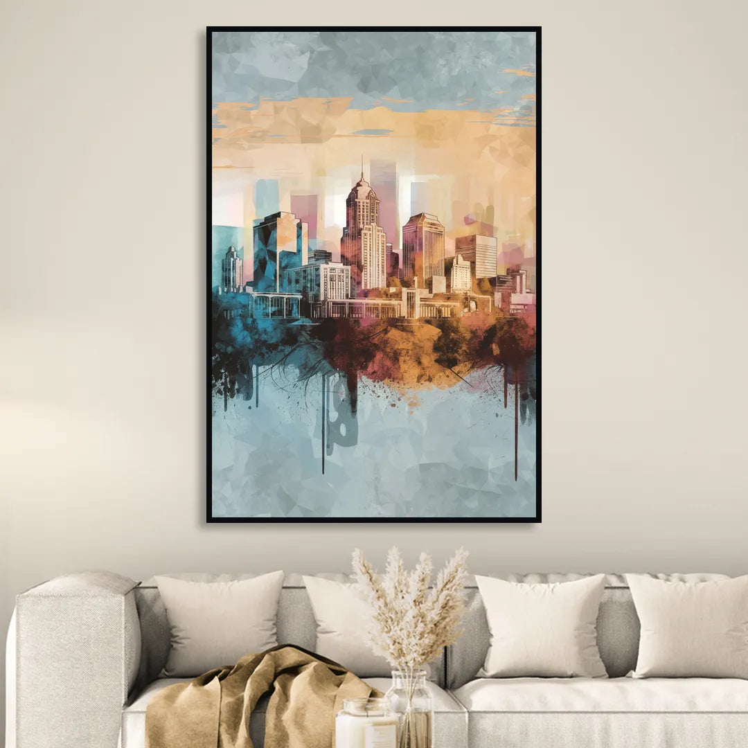 Indianapolis Cityscape in Watercolor Living Room - Black Canvas Wall Art