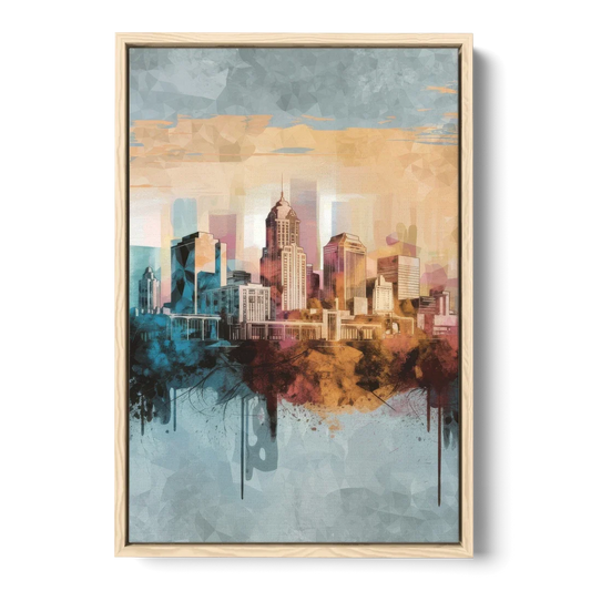 Indianapolis Cityscape in Watercolor - Oak Framed Canvas Wall Art - Front
