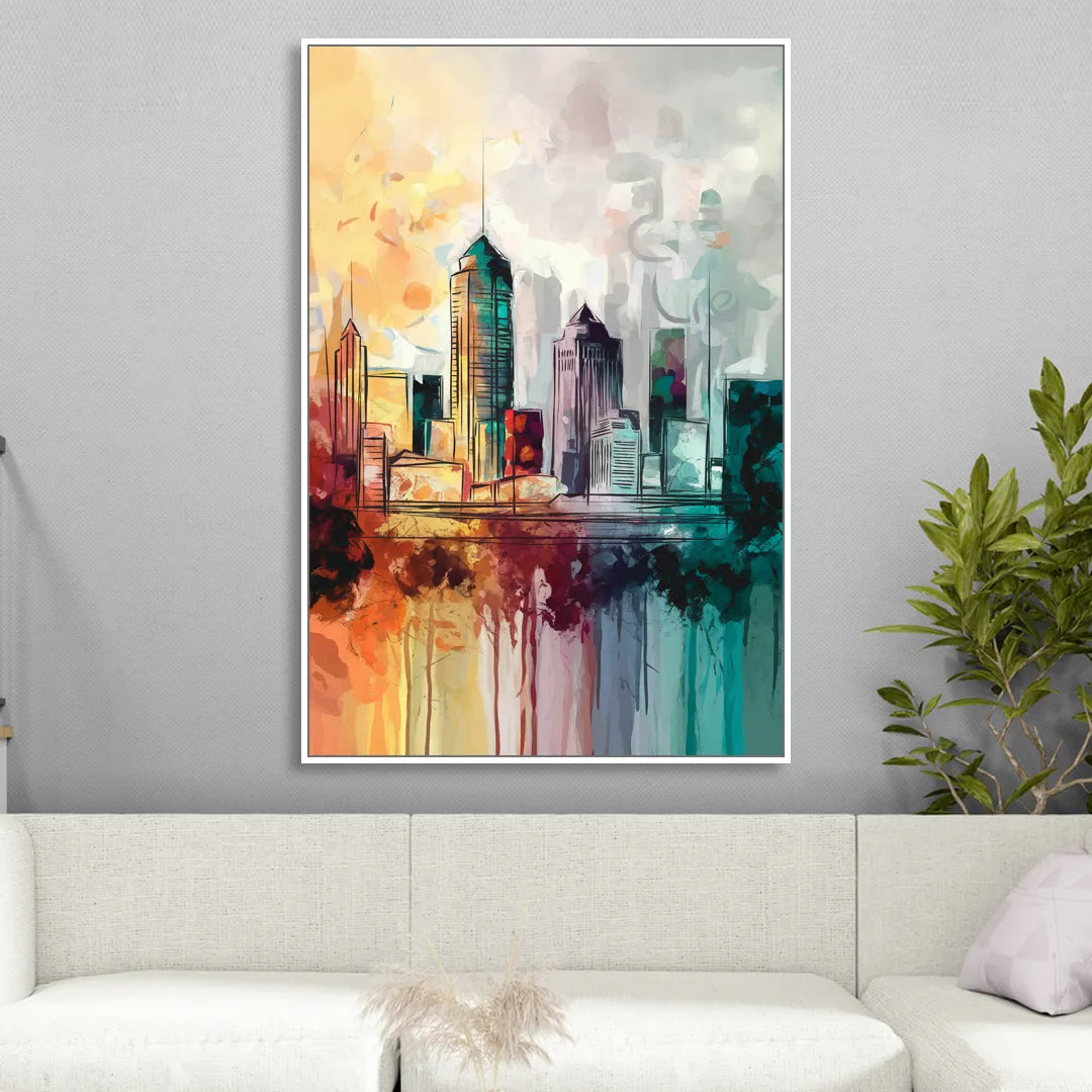 Indianapolis Downtown Skyline Sitting Room - White Canvas Wall Art