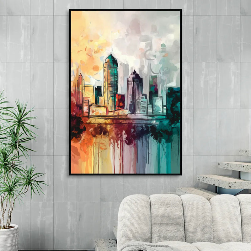 Indianapolis Downtown Skyline Sitting Room - Black Canvas Wall Art