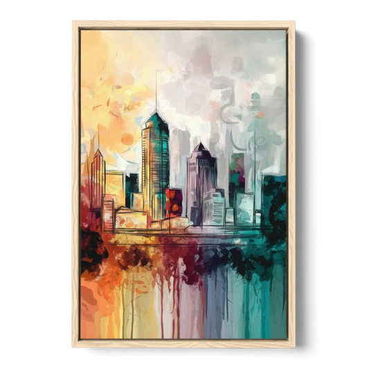 Indianapolis Downtown Skyline - Oak Framed Canvas Wall Art - Front