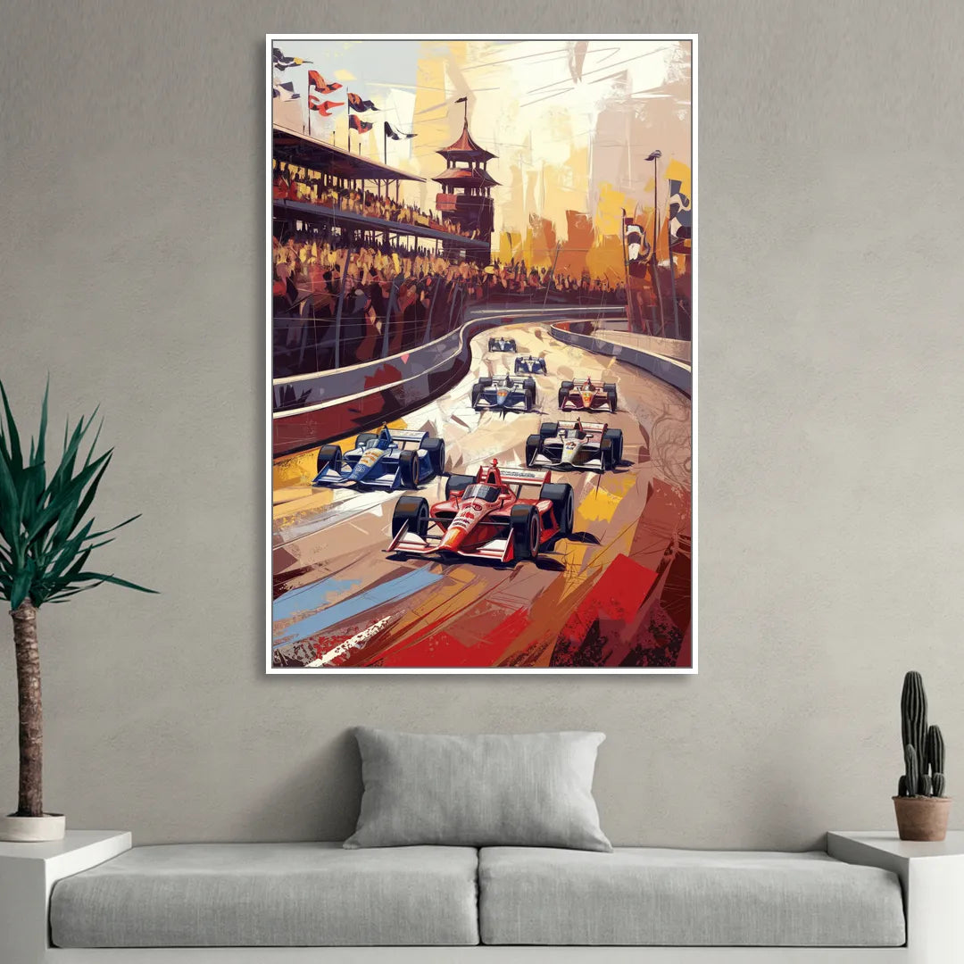 Indianapolis Motor Speedway Racing Scene Living Room - White Canvas Wall Art