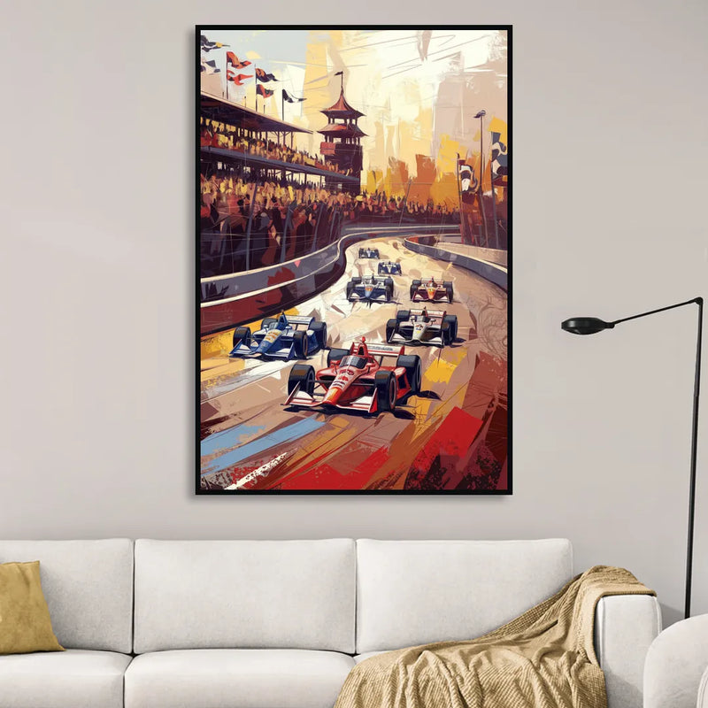Indianapolis Motor Speedway Racing Scene Living Room - Black Canvas Wall Art
