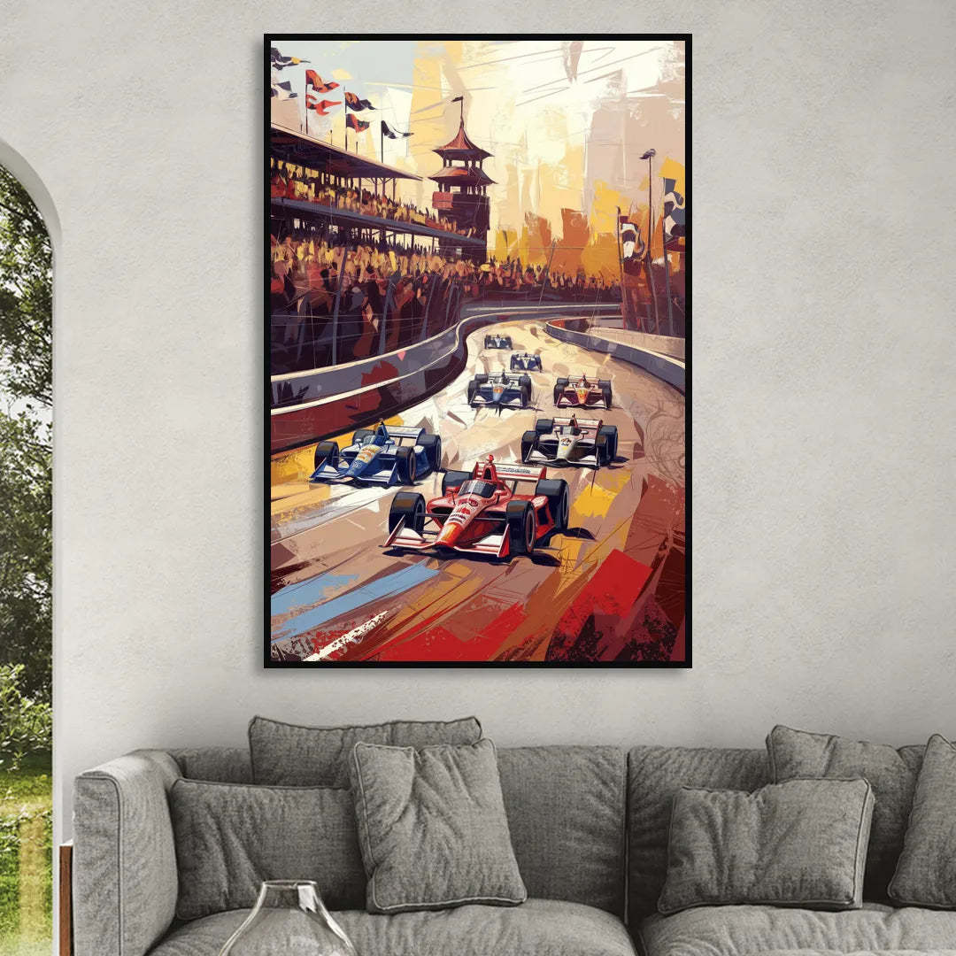 Indianapolis Motor Speedway Racing Scene Sitting Room - Black Canvas Wall Art