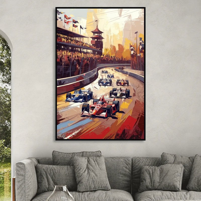Indianapolis Motor Speedway Racing Scene Sitting Room - Black Canvas Wall Art