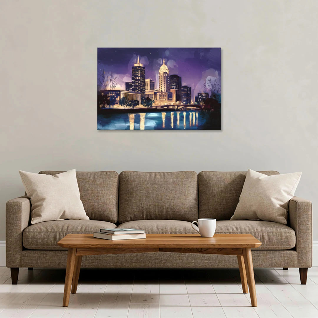 Indianapolis Nighttime Skyline - Canvas Wall Art - Sofa - 36x24