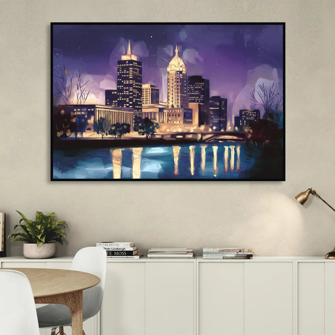 Indianapolis Nighttime Skyline Living Room - Black Canvas Wall Art