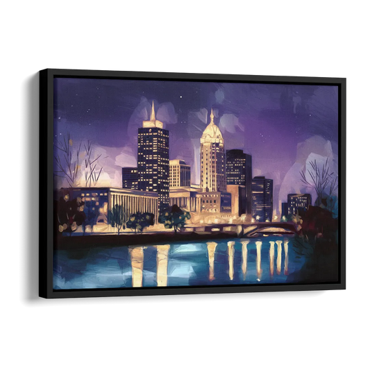 Indianapolis Nighttime Skyline Side - Black Canvas Wall Art