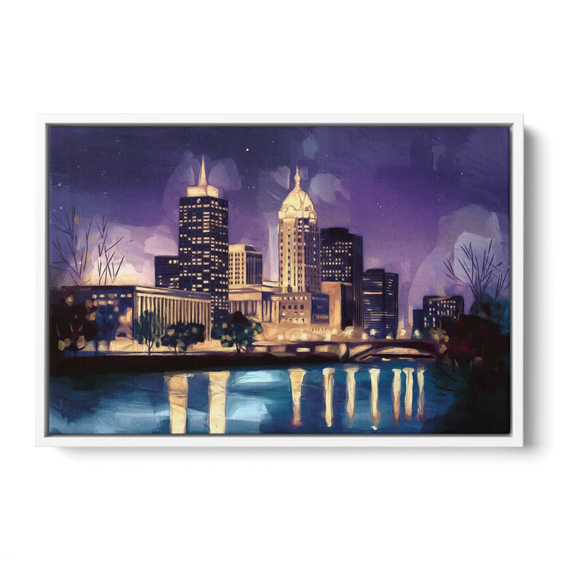 Indianapolis Nighttime Skyline Front - White Canvas Wall Art