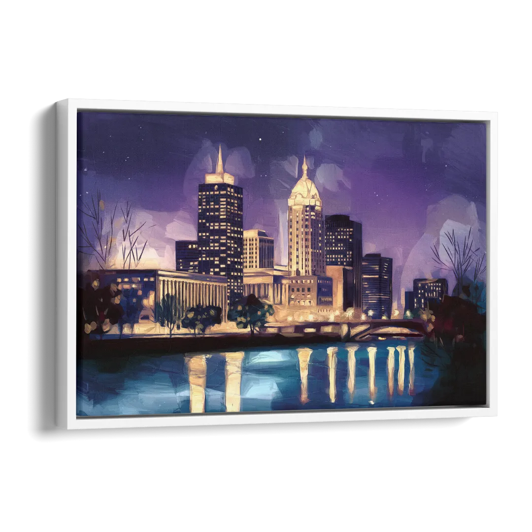 Indianapolis Nighttime Skyline Side - White Canvas Wall Art
