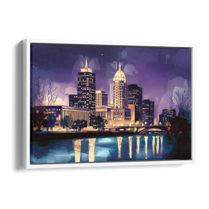 Indianapolis Nighttime Skyline Side - White Canvas Wall Art