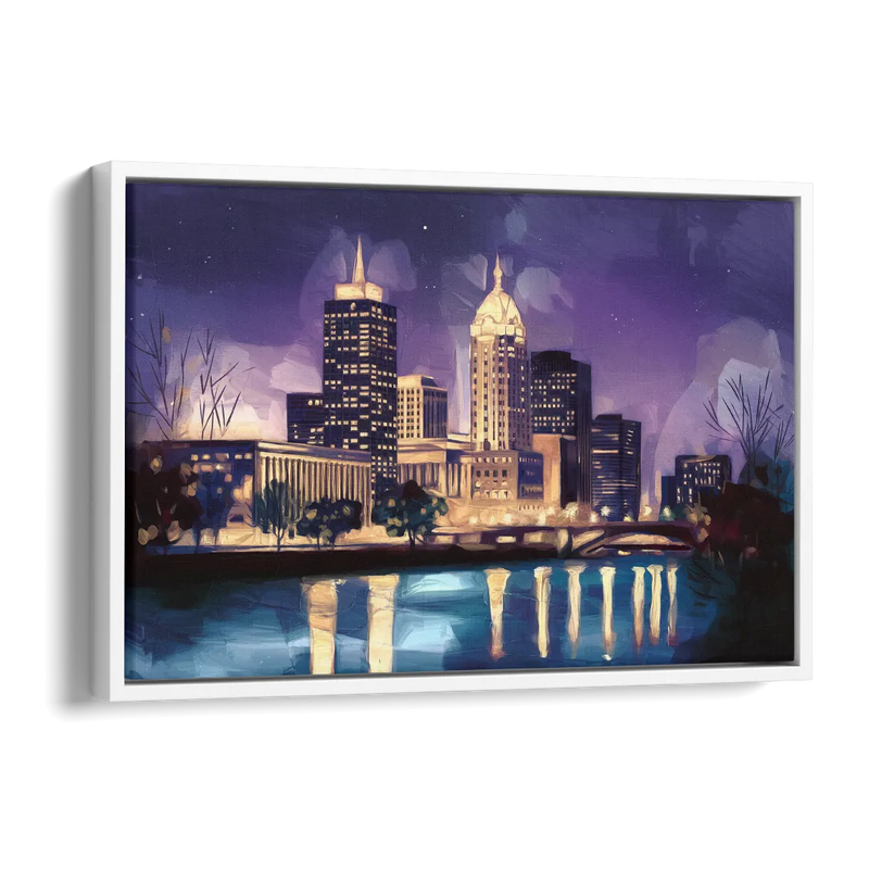 Indianapolis Nighttime Skyline Side - White Canvas Wall Art