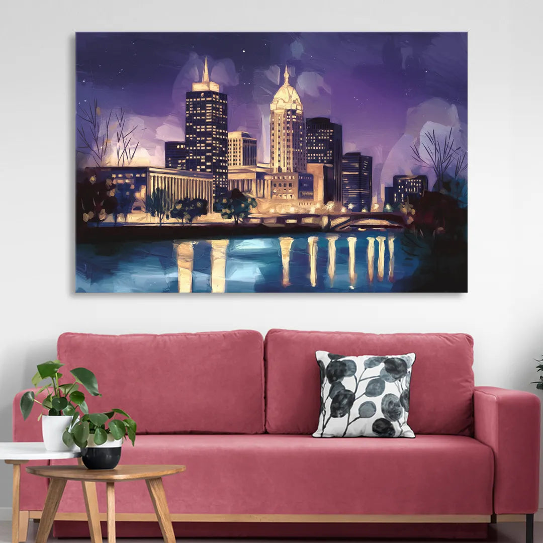 Indianapolis Nighttime Skyline Sitting Room - Canvas Wall Art
