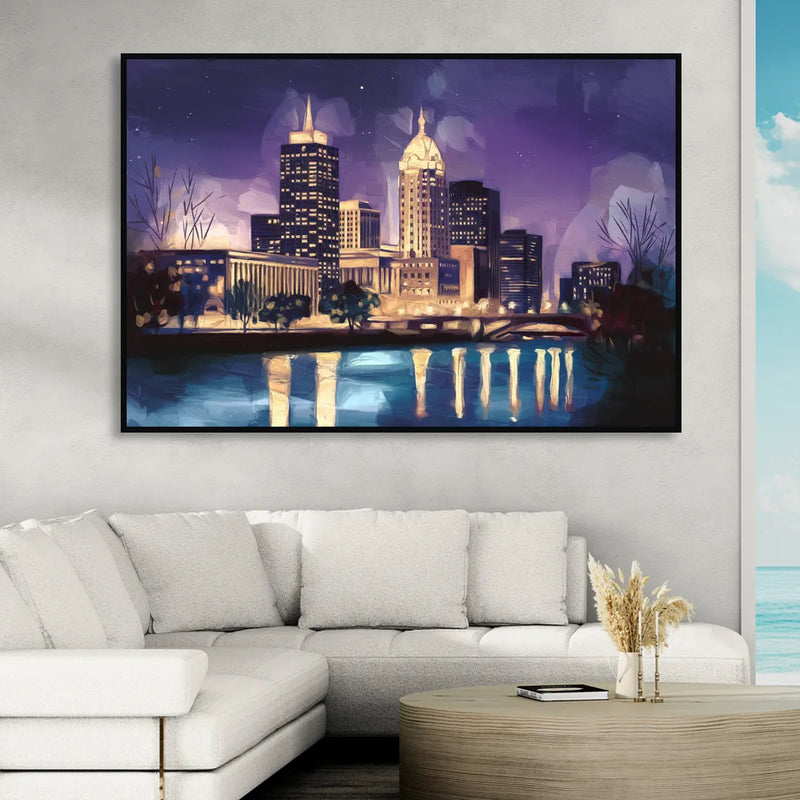 Indianapolis Nighttime Skyline Sitting Room - Black Canvas Wall Art