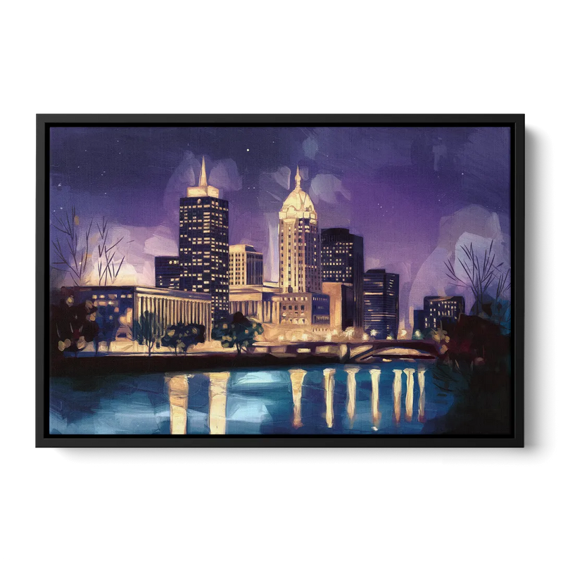 Indianapolis Nighttime Skyline Front - Black Canvas Wall Art