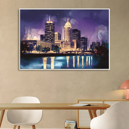 Indianapolis Nighttime Skyline Sitting Room - White Canvas Wall Art