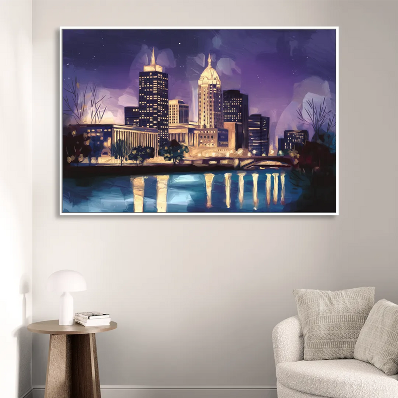 Indianapolis Nighttime Skyline Living Room - White Canvas Wall Art