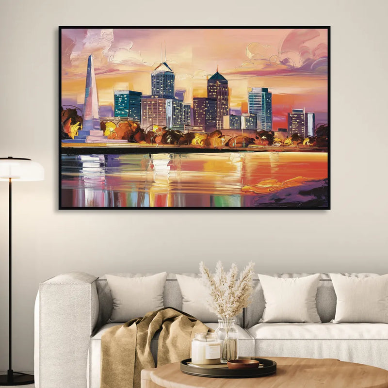 Indianapolis Skyline At Sunset Sitting Room - Black Canvas Wall Art