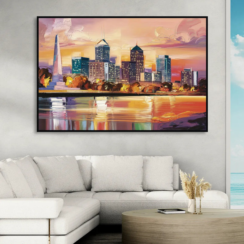 Indianapolis Skyline At Sunset Living Room - Black Canvas Wall Art