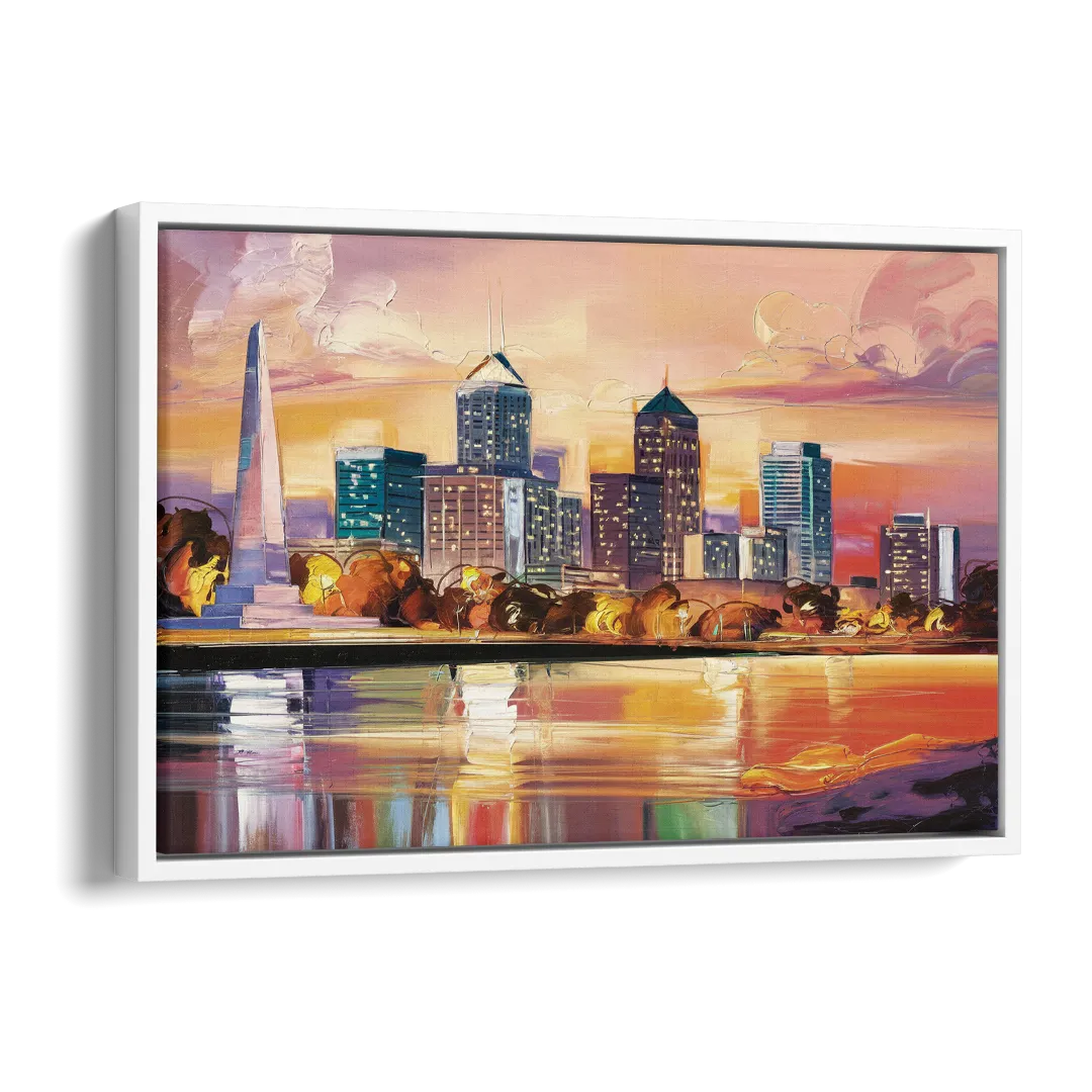 Indianapolis Skyline At Sunset Side - White Canvas Wall Art