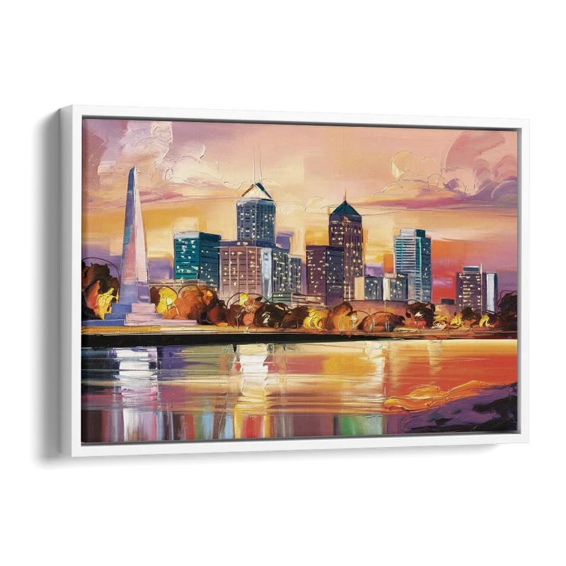 Indianapolis Skyline At Sunset Side - White Canvas Wall Art