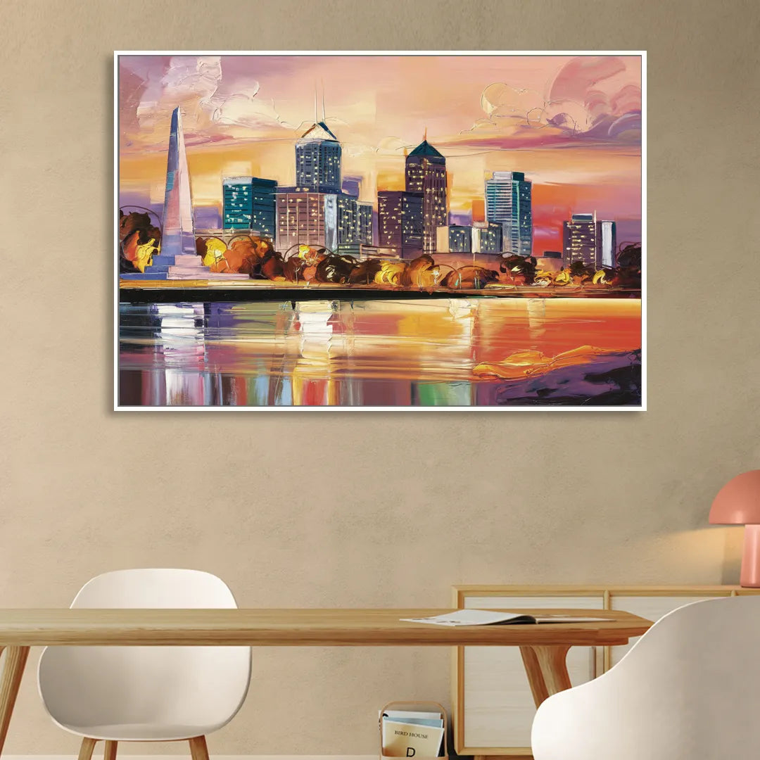Indianapolis Skyline At Sunset Living Room - White Canvas Wall Art