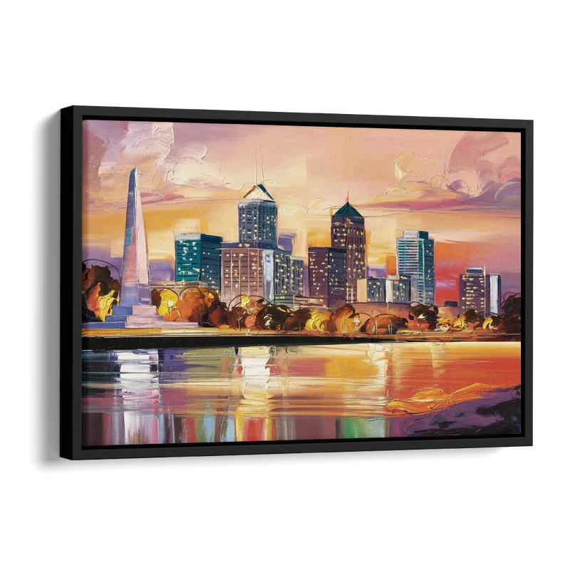 Indianapolis Skyline At Sunset Side - Black Canvas Wall Art