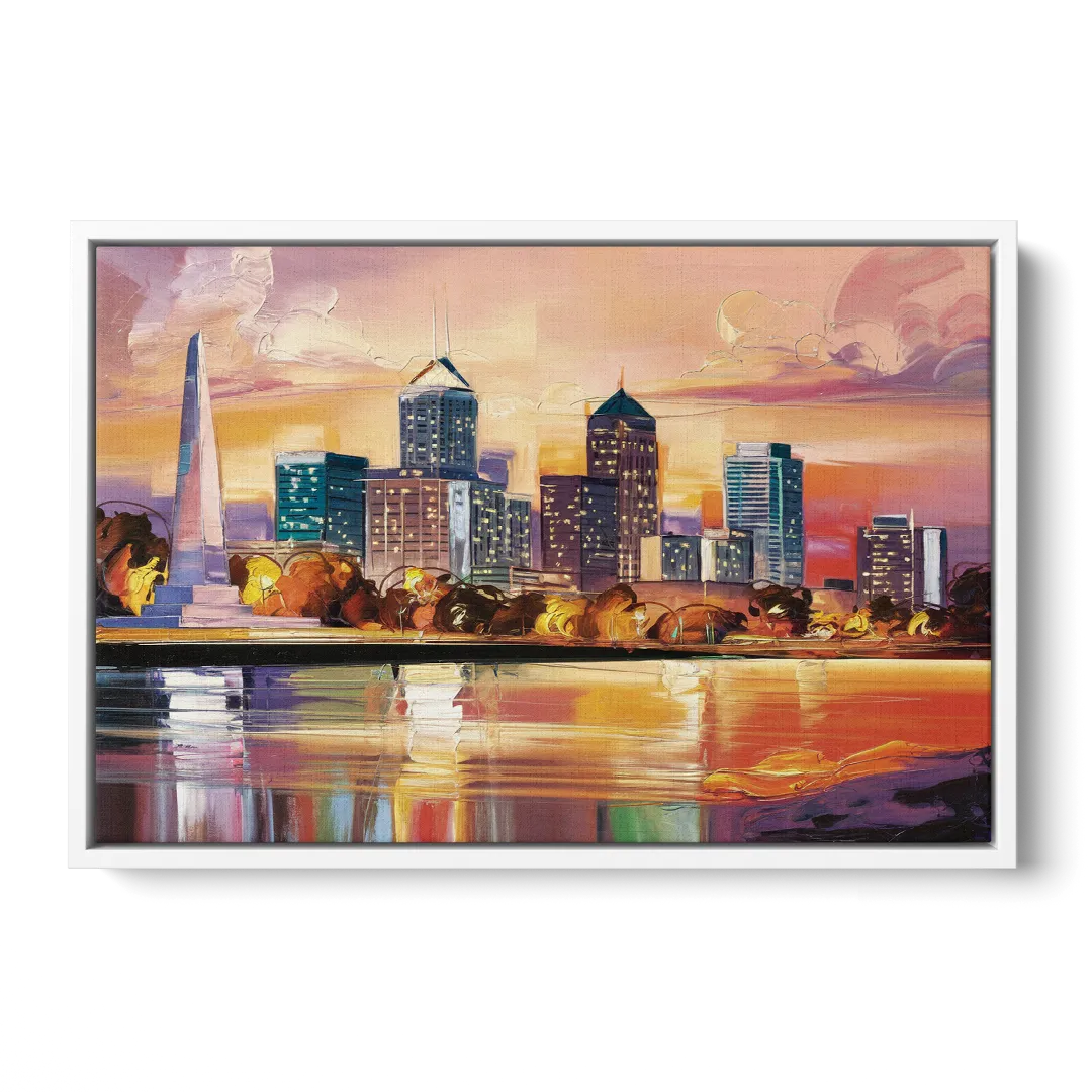 Indianapolis Skyline At Sunset Front - White Canvas Wall Art